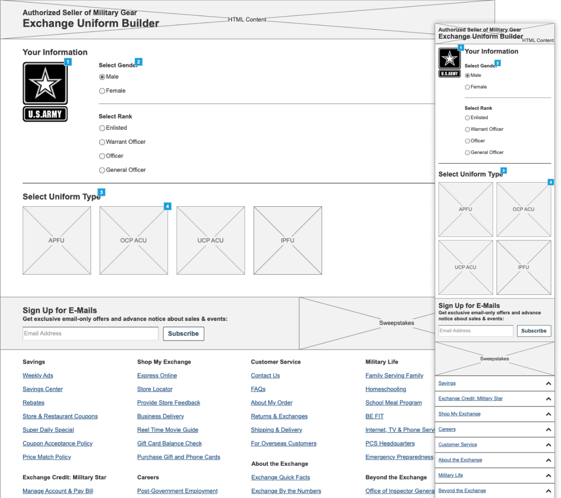 Wireframe of the Uniform Builder landing page
