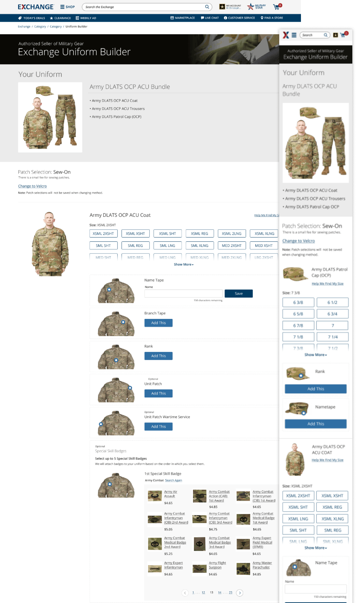 High-fidelity design of the Uniform Builder item selection screen
