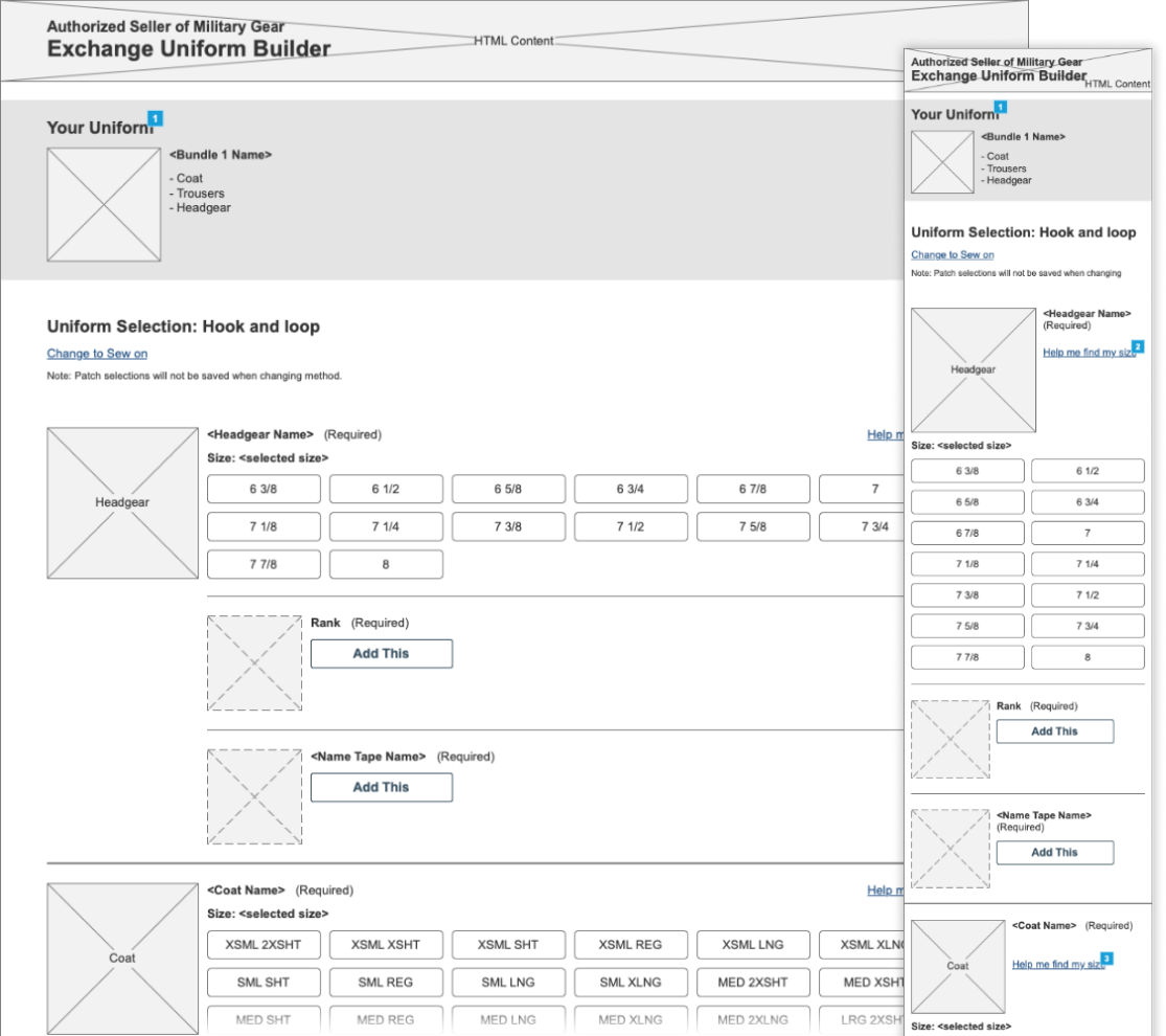 Wireframe of the Uniform Builder item selection screen