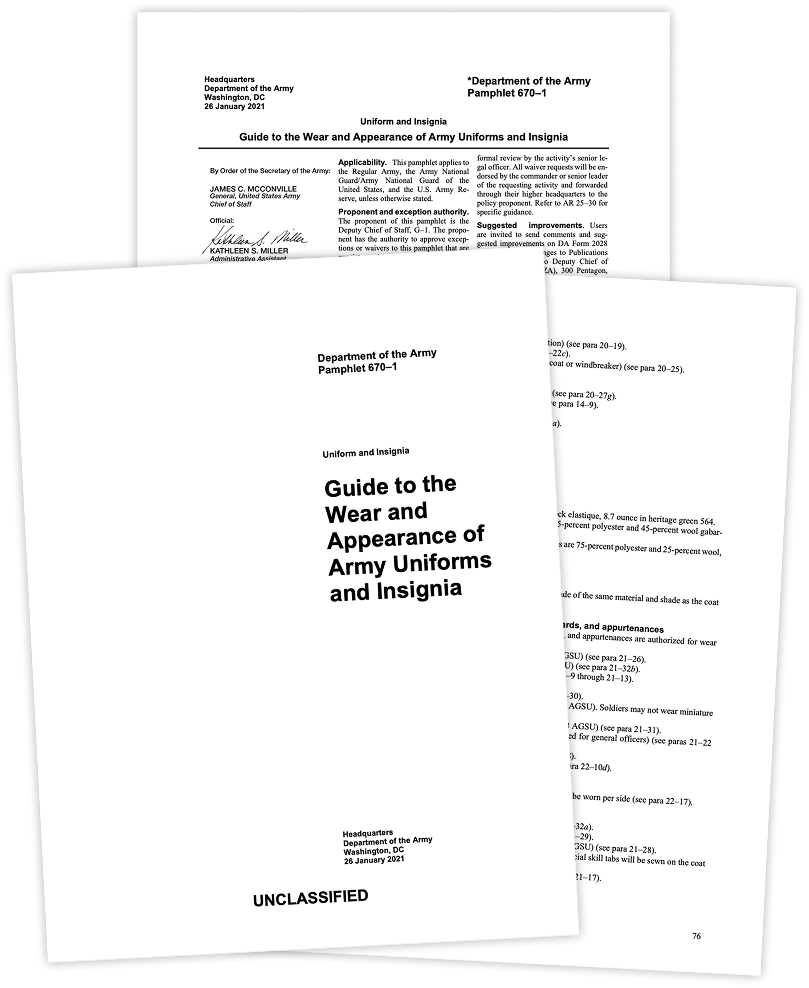 Sample pages from Army uniform regulations reviewed during research