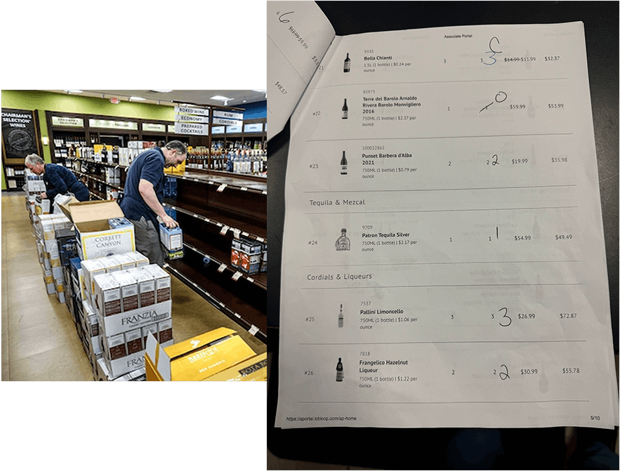 Photos of the existing pen-and-paper order assembly process used by PLCB store associates