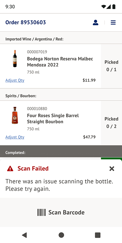 Scanning screen showing a generic scan failure fallback state