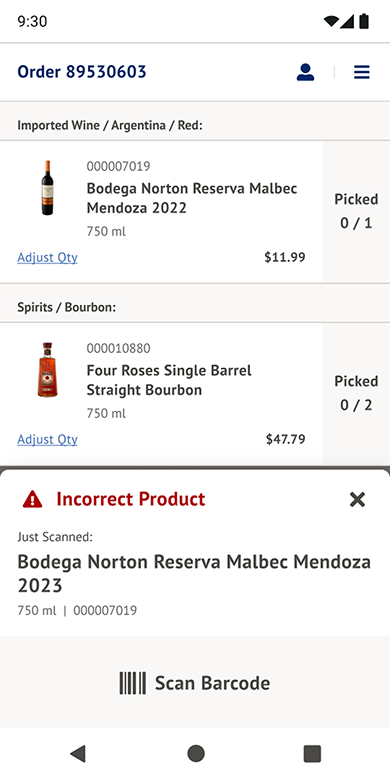 Scanning screen showing an incorrect product error state