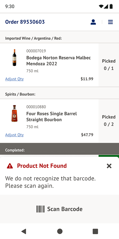 Scanning screen showing a product not found error state