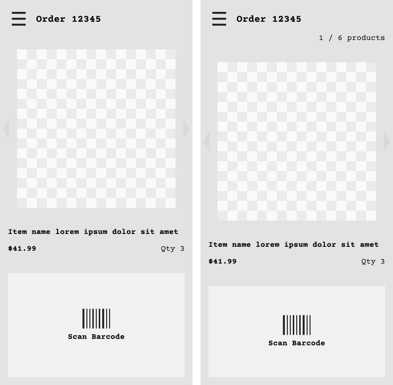 Wireframe showing the scanning flow for order picking