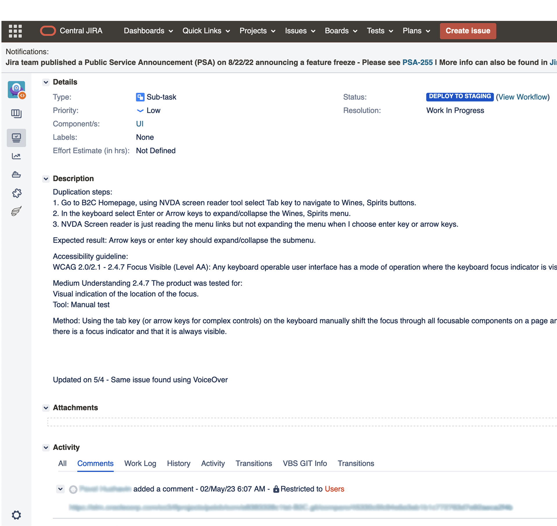 JIRA ticket documenting an accessibility bug with steps to reproduce and expected behavior