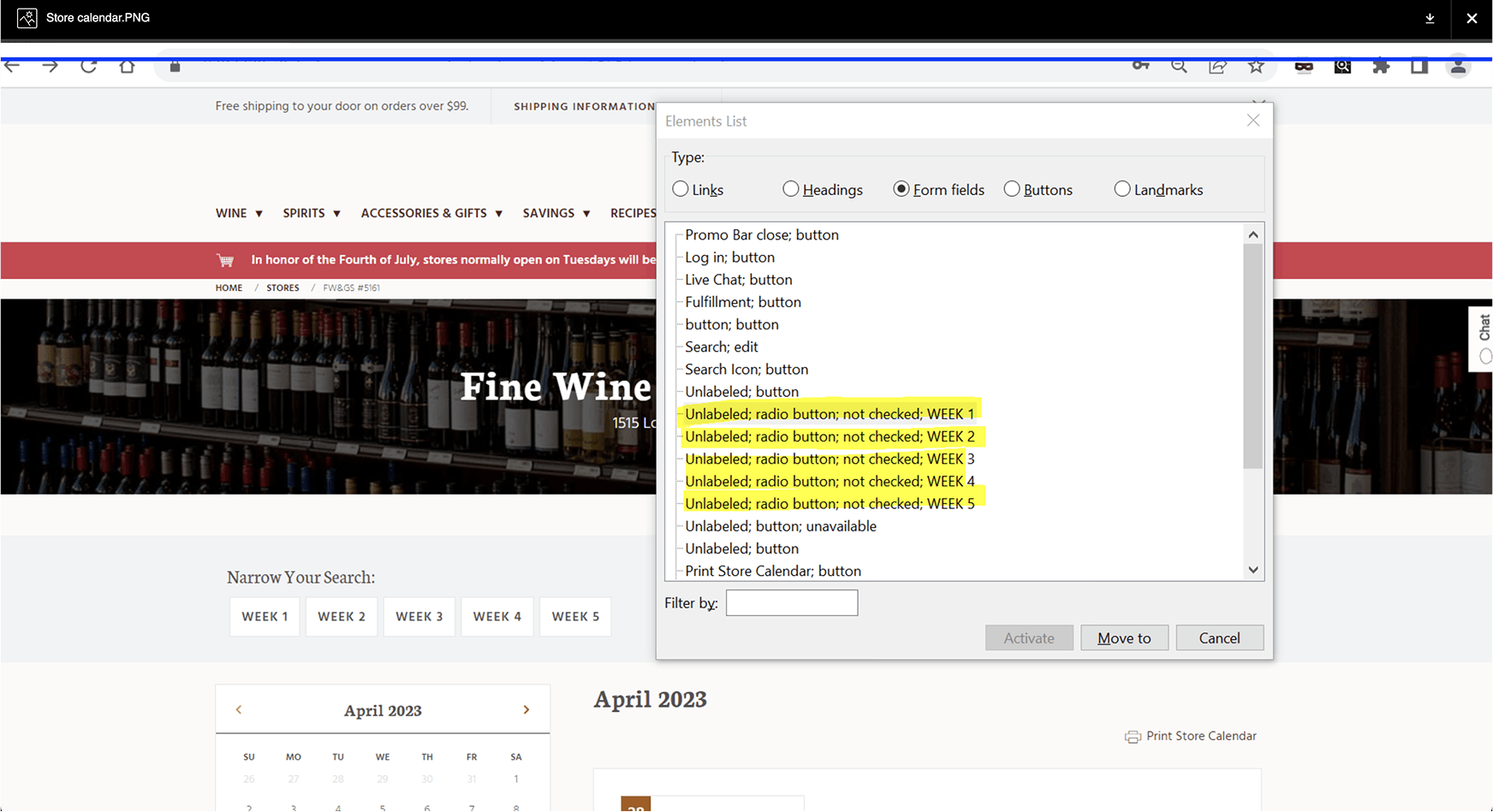Screenshot showing screen reader errors highlighted during the manual audit phase