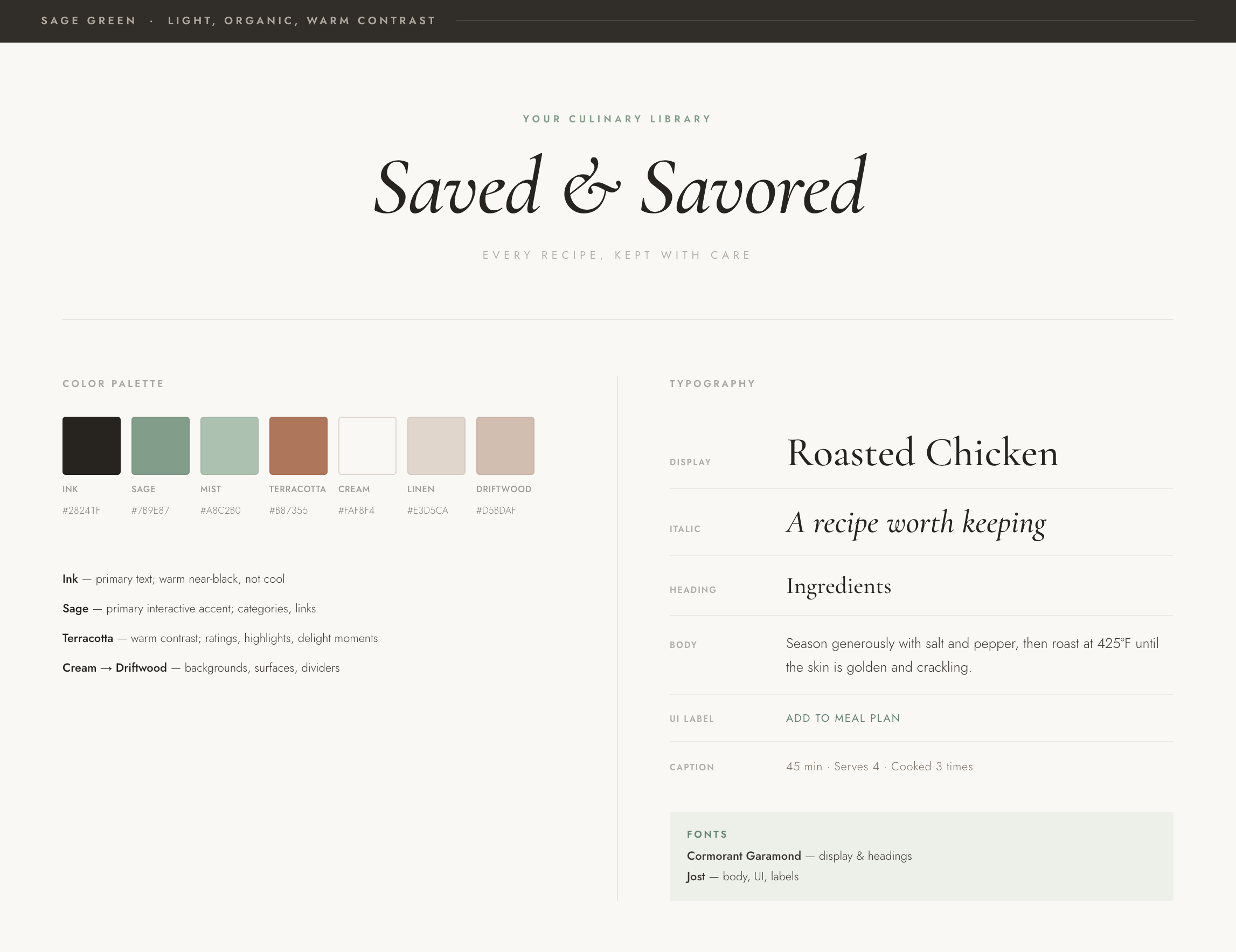 Refined branding exploration showing the Sage Green color direction with updated typography and component examples
