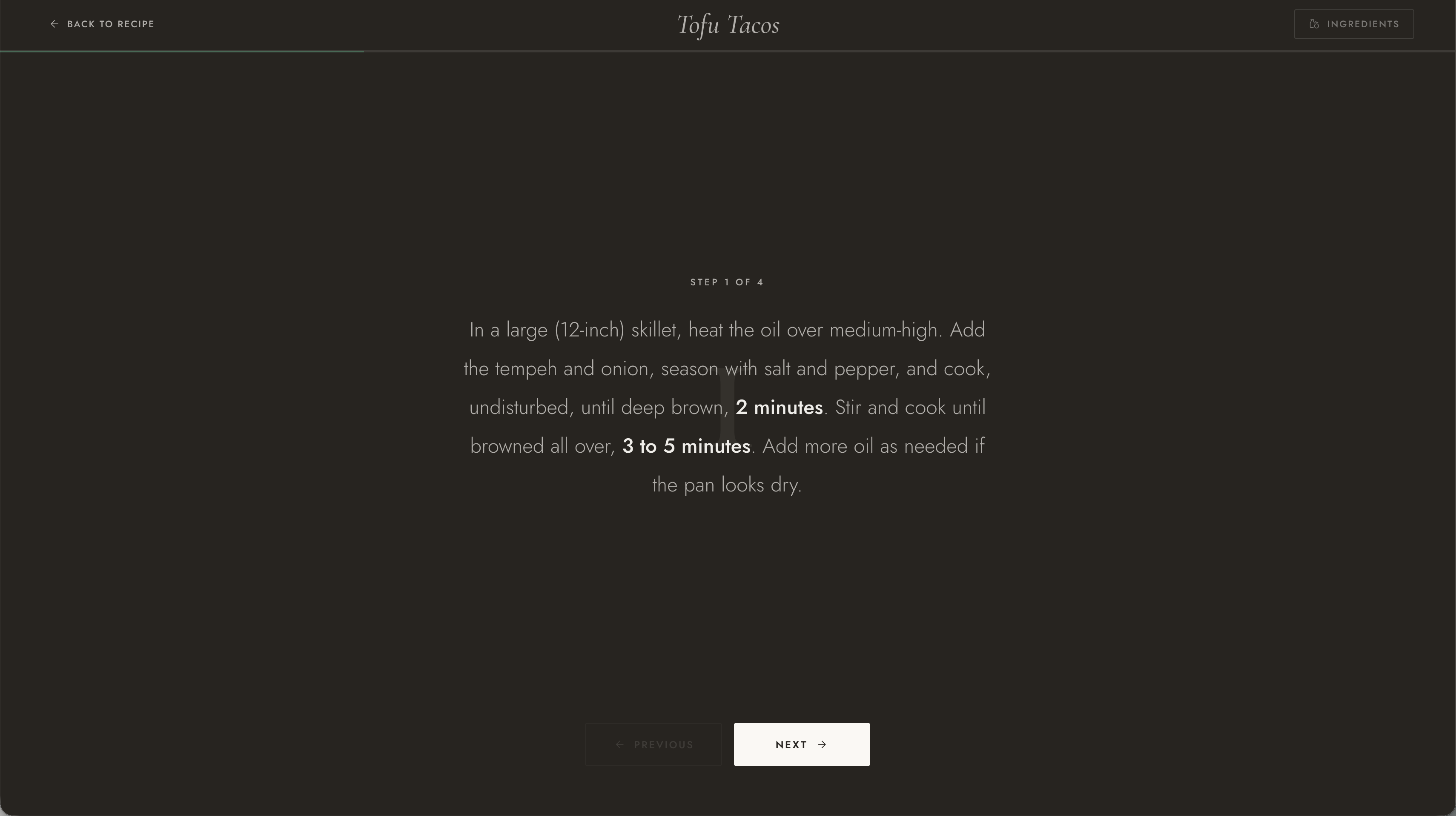 Saved & Savored cook mode on desktop — a dark, distraction-free screen showing step 1 of 4 for Tofu Tacos with large, readable text and prev/next navigation