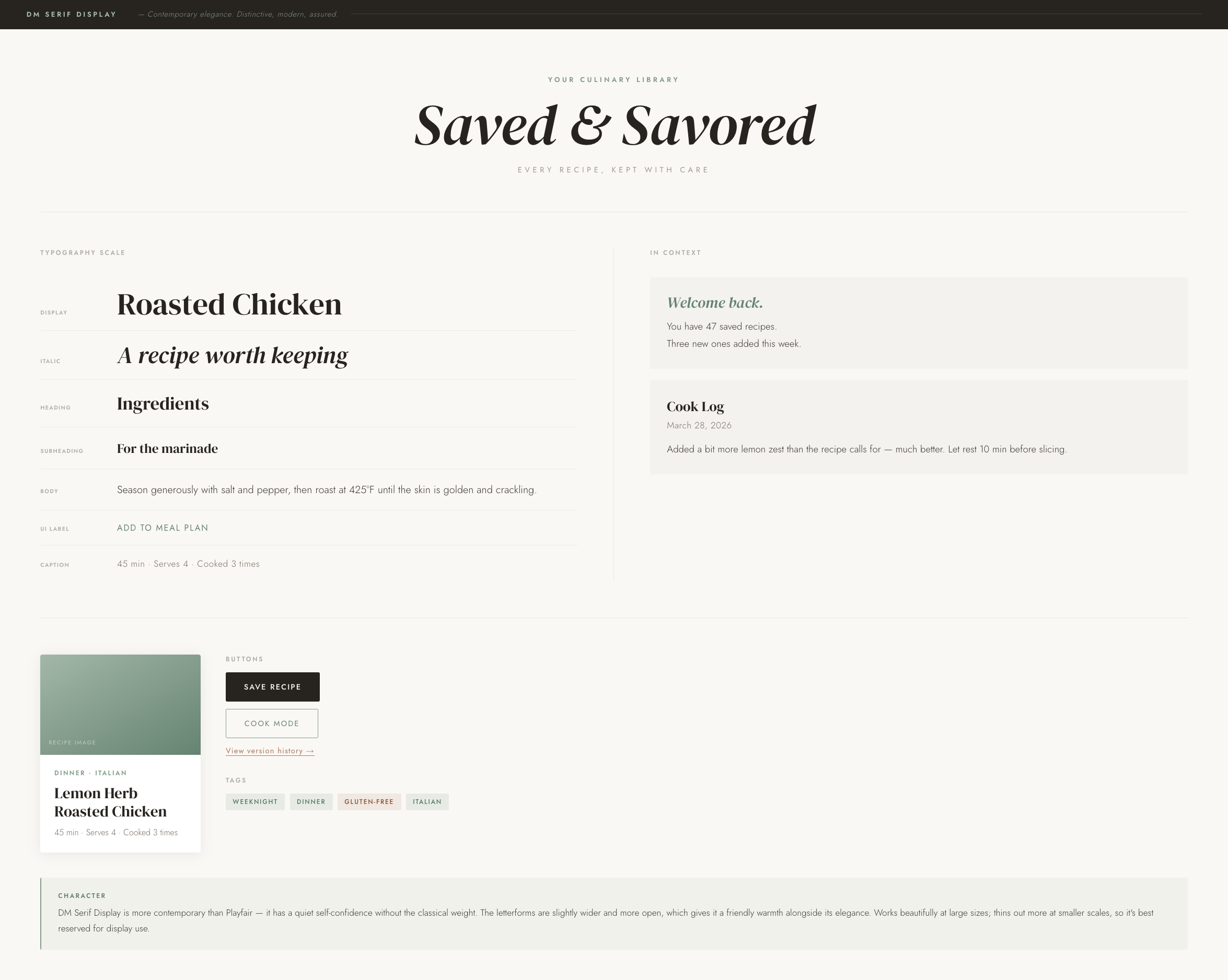 Early branding exploration document showing typography scale, color palette, and UI component samples for Saved & Savored