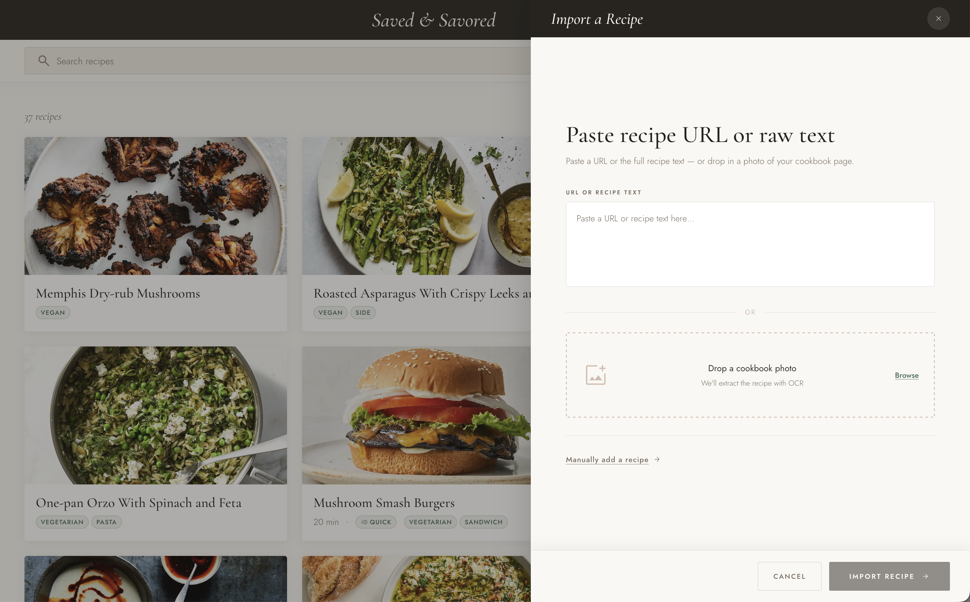Saved & Savored import recipe drawer — a slide-in panel with options to paste a URL, paste raw text, or drop a cookbook photo for OCR