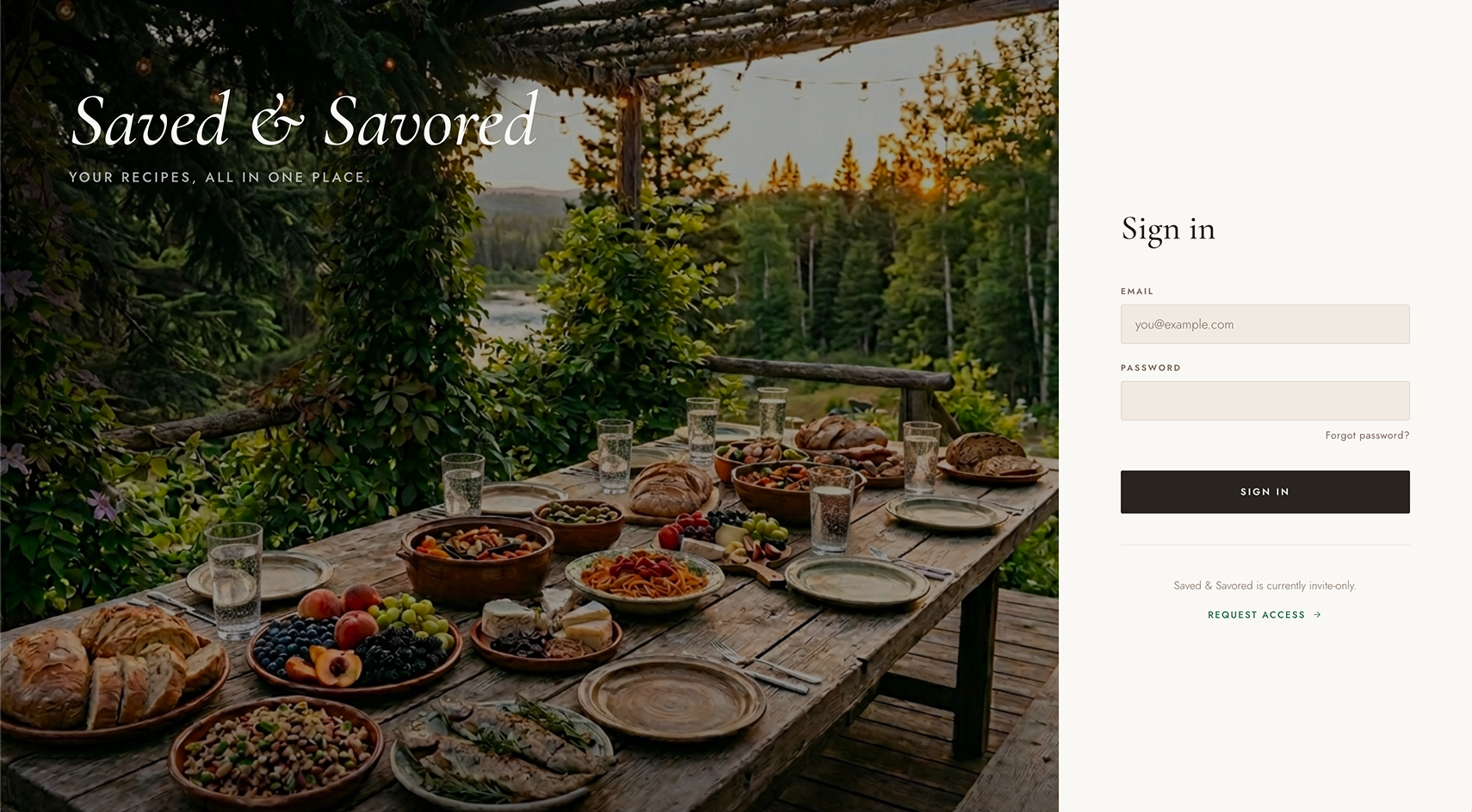 Saved & Savored login screen with an atmospheric outdoor dining scene and a clean sign-in form