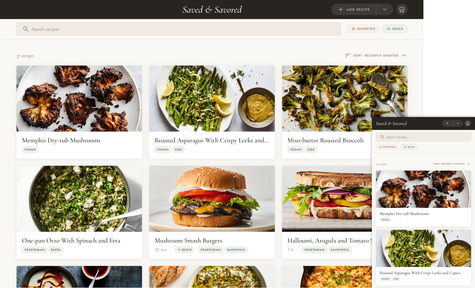 Saved & Savored recipe library — a three-column grid of recipe cards with food photography, recipe names, and tags